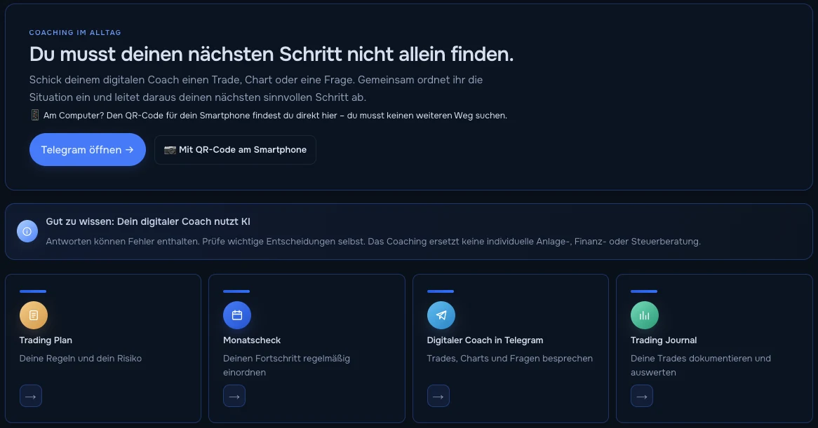 Coaching im Alltag: Telegram &ouml;ffnen, Trading Plan, Monatscheck, Journal